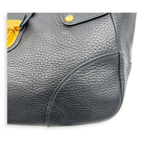 Vitello Daino Black Top Handle Bag in Calfskin, Gold hardware