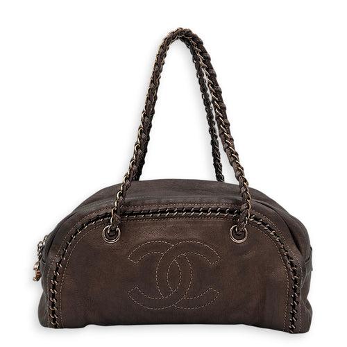 Chain Trim Luxe Ligne Bronze Shoulder Bag in Calfskin, Rose Gold hardware