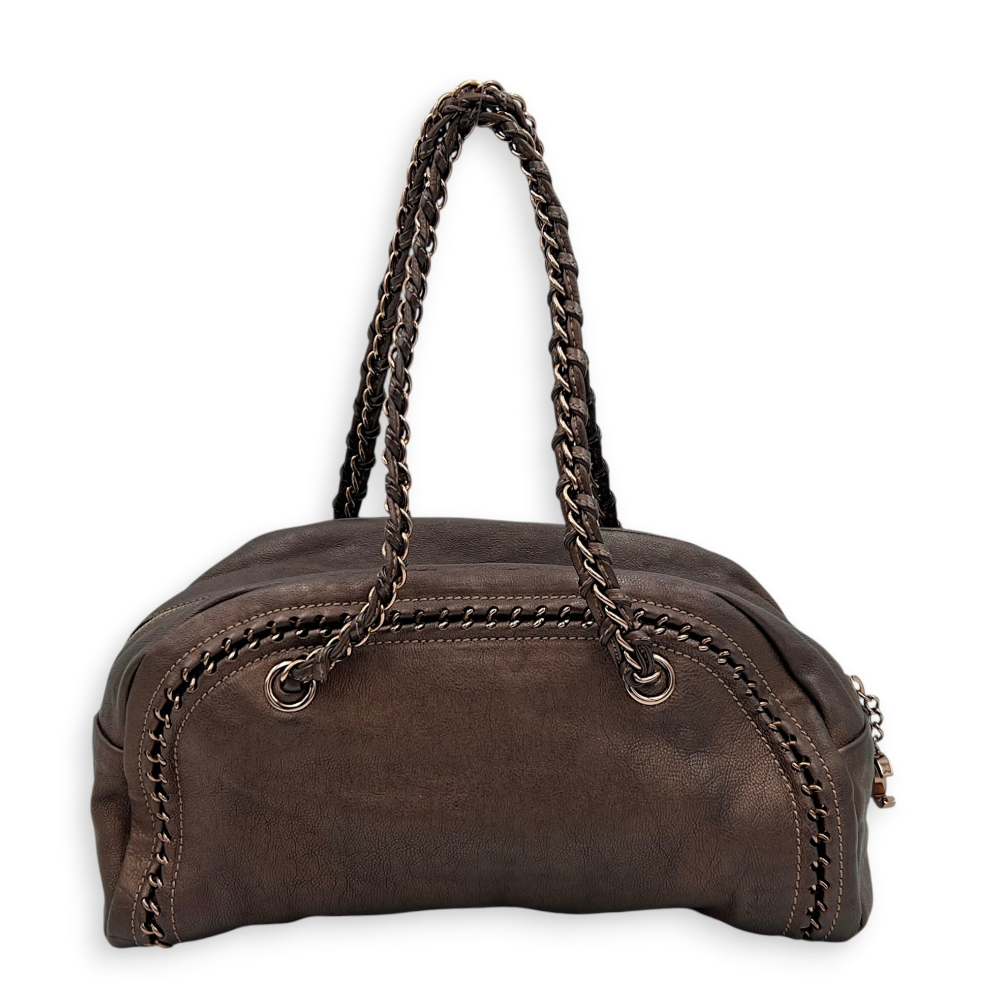 Chain Trim Luxe Ligne Bronze Shoulder Bag in Calfskin, Rose Gold hardware
