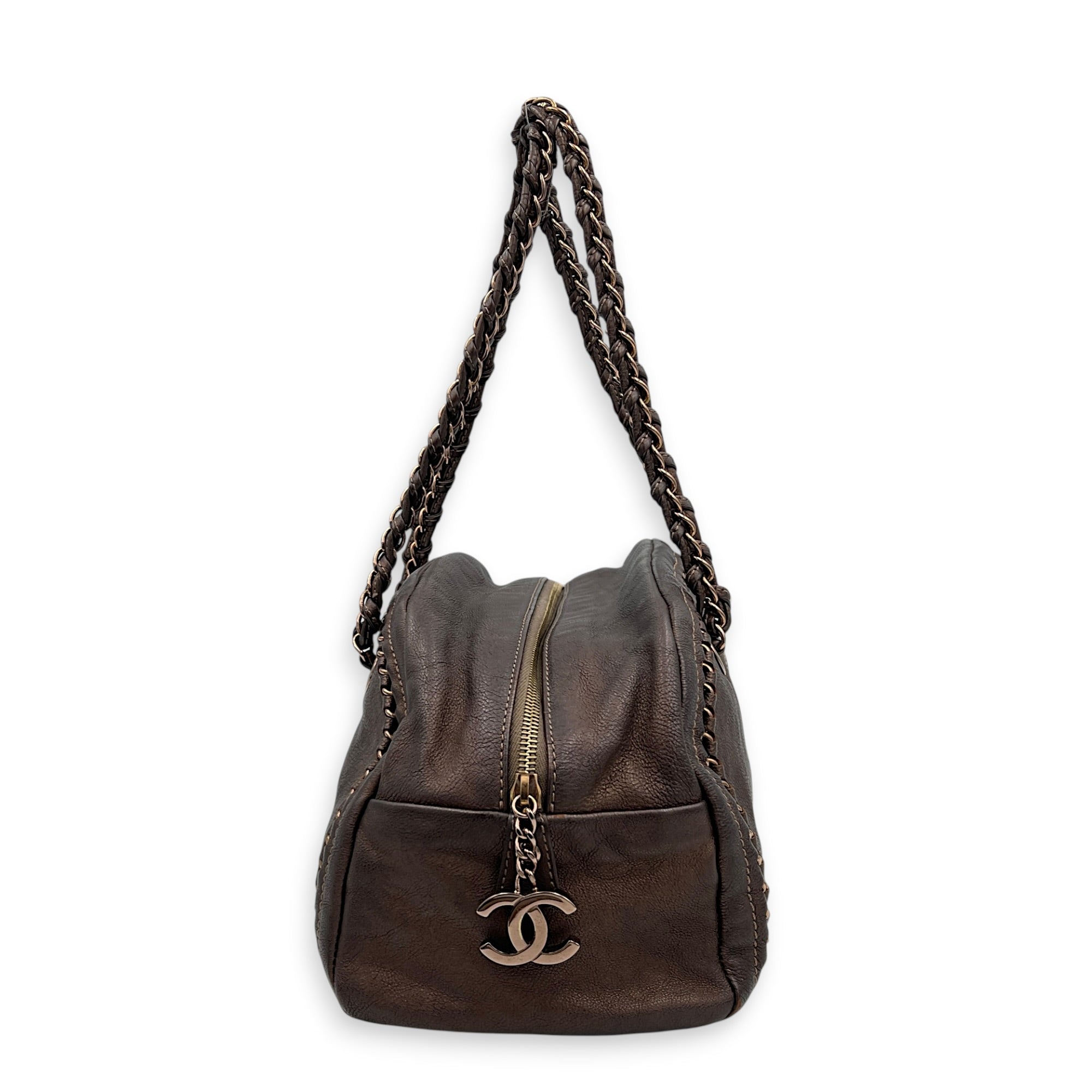 Chain Trim Luxe Ligne Bronze Shoulder Bag in Calfskin, Rose Gold hardware