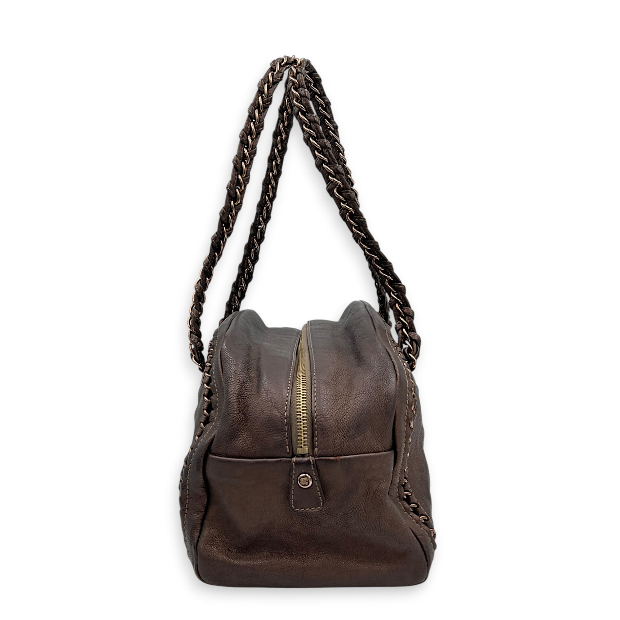 Chain Trim Luxe Ligne Bronze Shoulder Bag in Calfskin, Rose Gold hardware