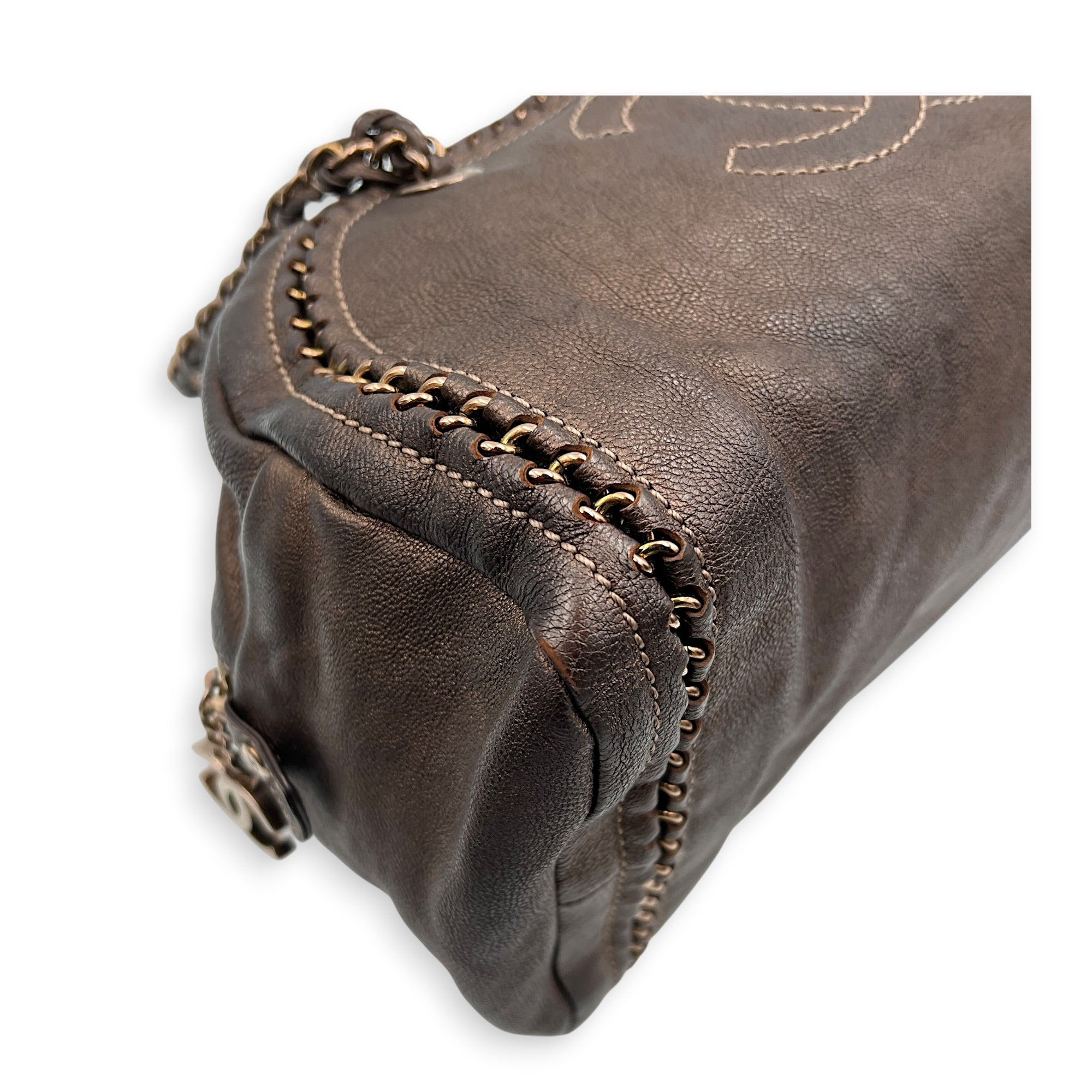 Chain Trim Luxe Ligne Bronze Shoulder Bag in Calfskin, Rose Gold hardware