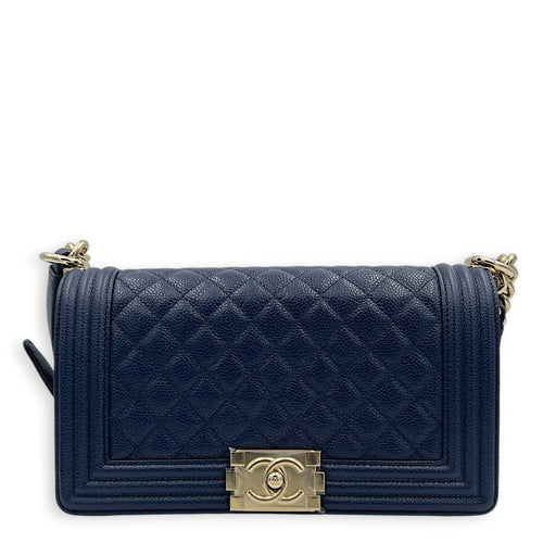 Boy Medium Blue Shoulder Bag in Caviar Leather, Gold hardware