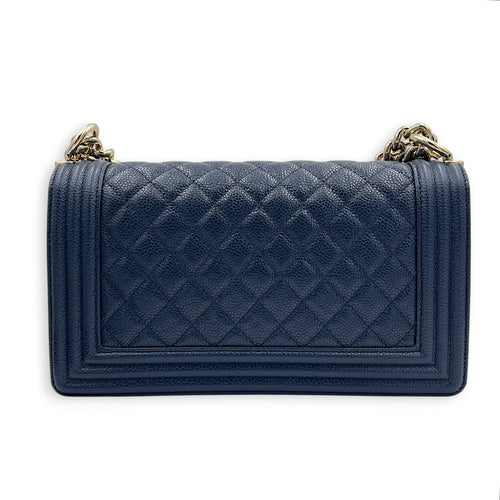 Boy Medium Blue Shoulder Bag in Caviar Leather, Gold hardware