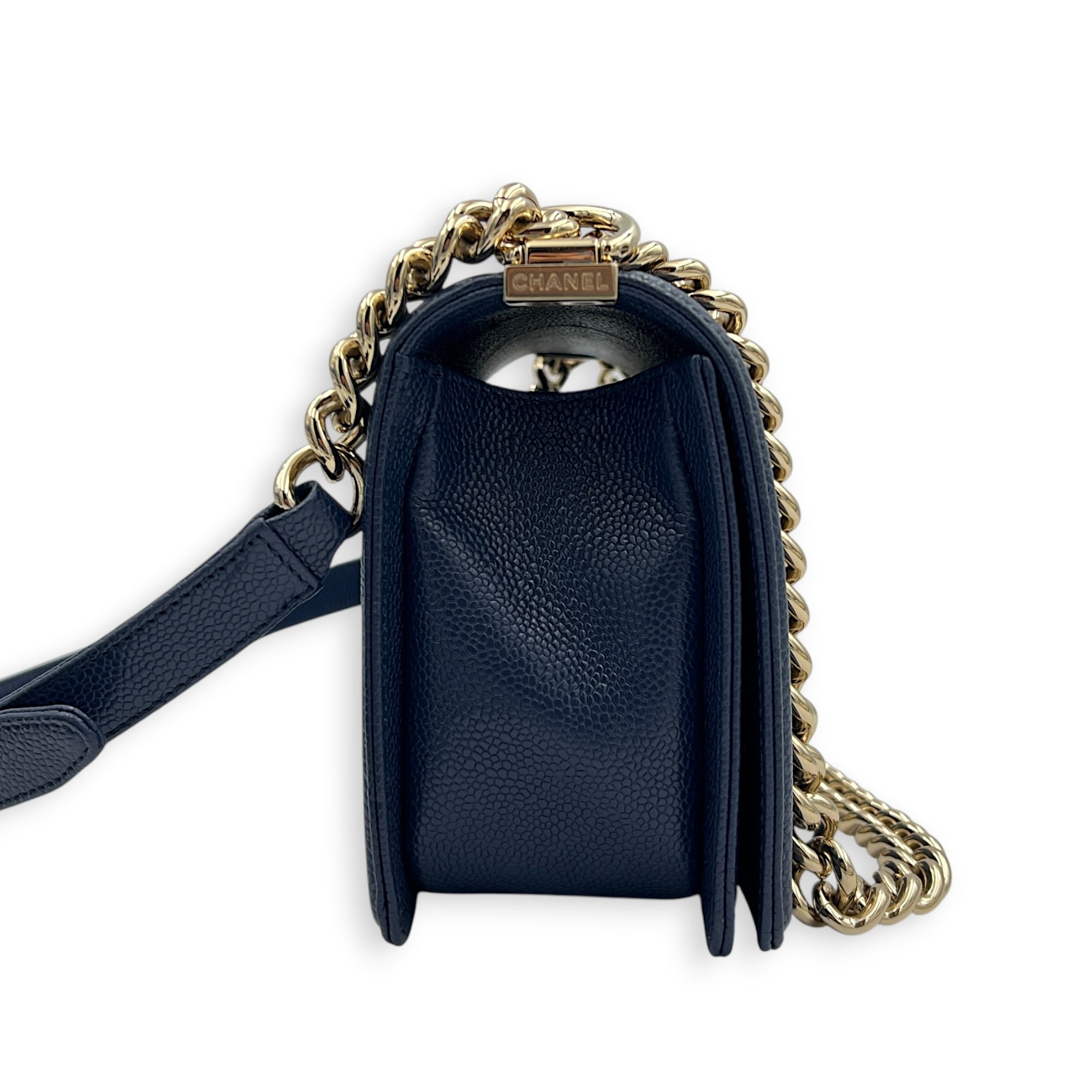 Boy Medium Blue Shoulder Bag in Caviar Leather, Gold hardware