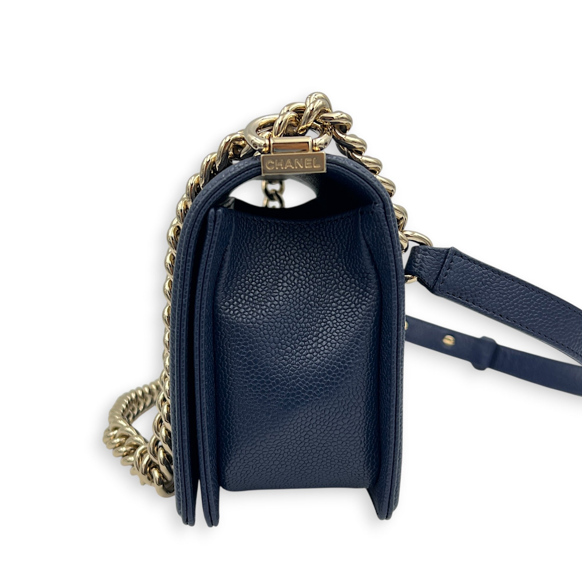 Boy Medium Blue Shoulder Bag in Caviar Leather, Gold hardware