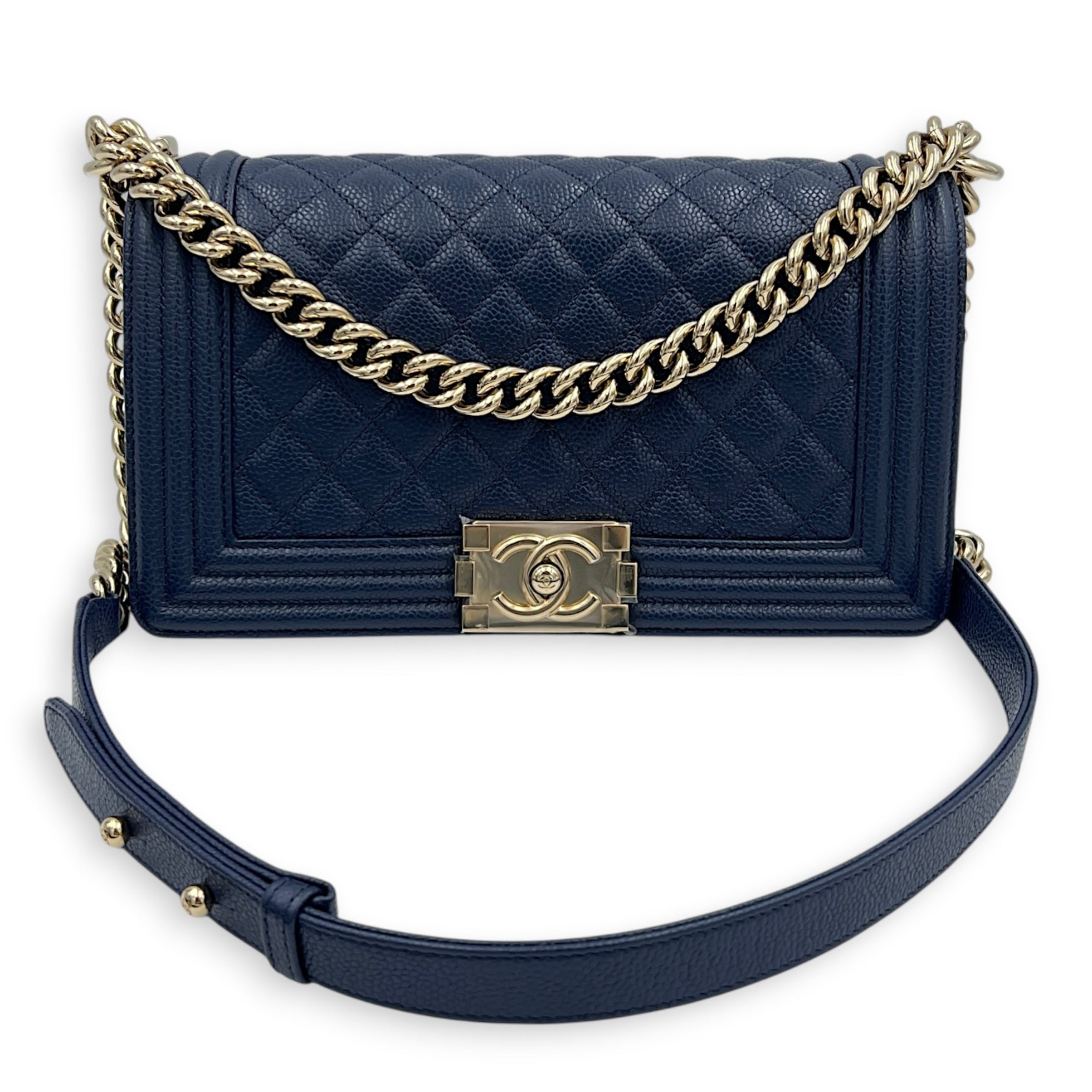 Boy Medium Blue Shoulder Bag in Caviar Leather, Gold hardware