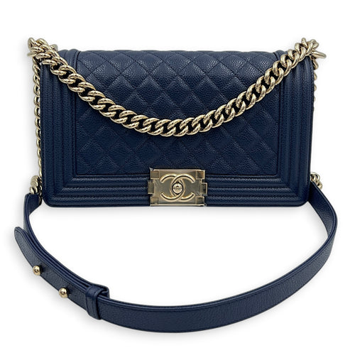 Boy Medium Blue Shoulder Bag in Caviar Leather, Gold hardware