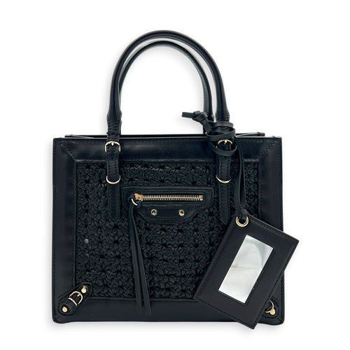 Papier Woven Black Top Handle Bag in Calfskin, Gold hardware