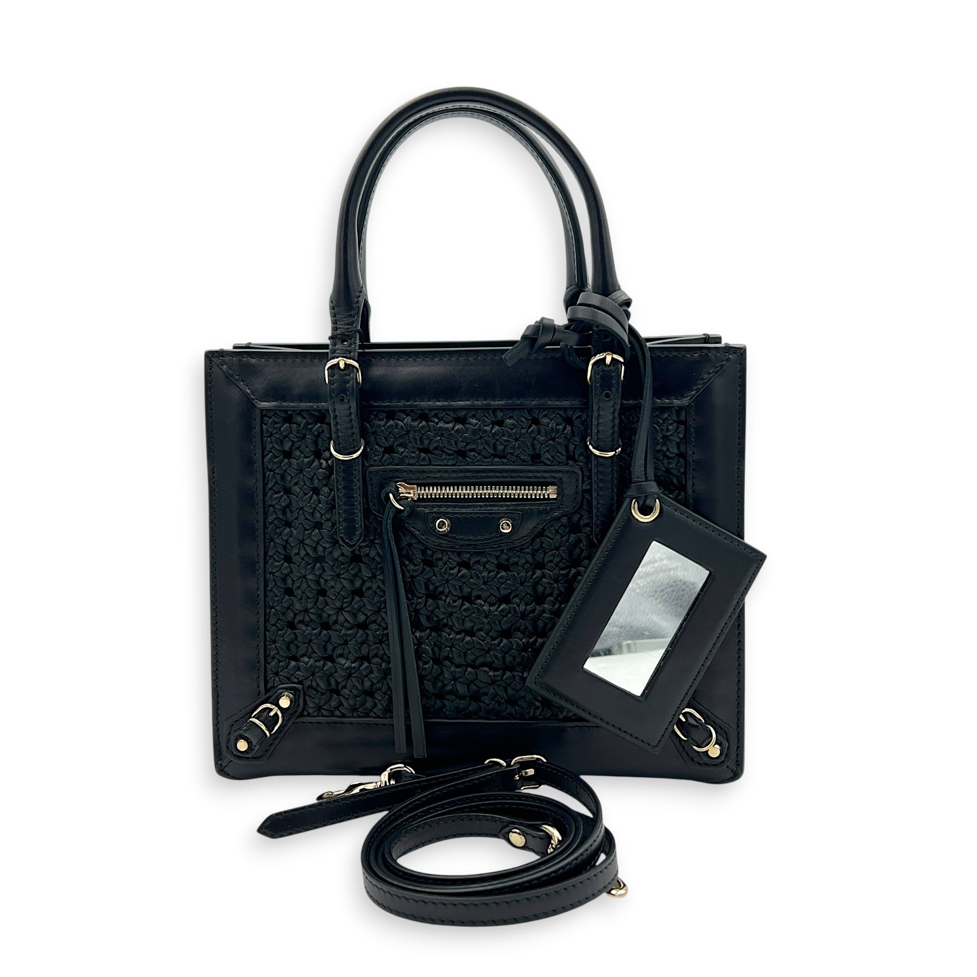 Papier Woven Black Top Handle Bag in Calfskin, Gold hardware