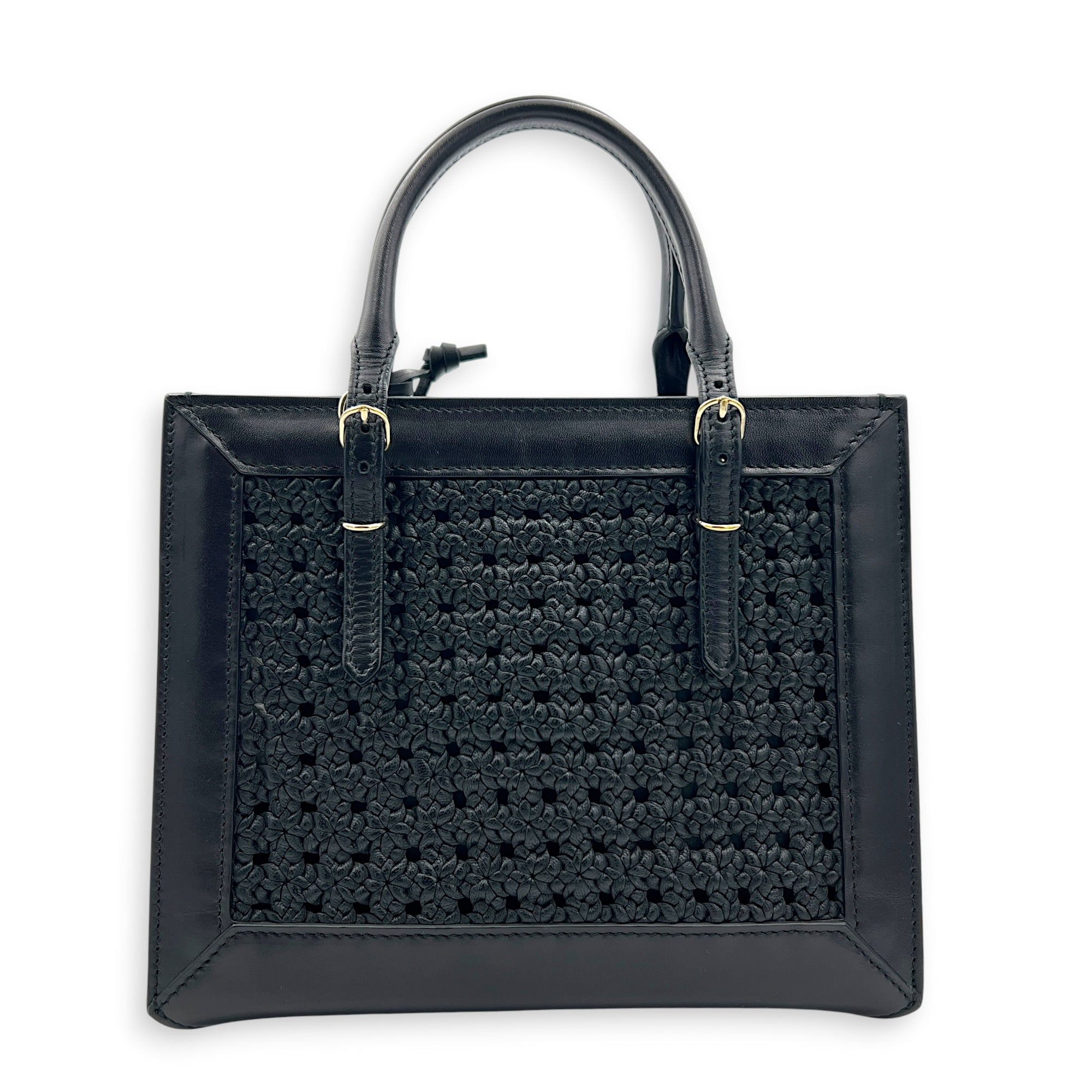 Papier Woven Black Top Handle Bag in Calfskin, Gold hardware