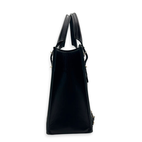 Papier Woven Black Top Handle Bag in Calfskin, Gold hardware
