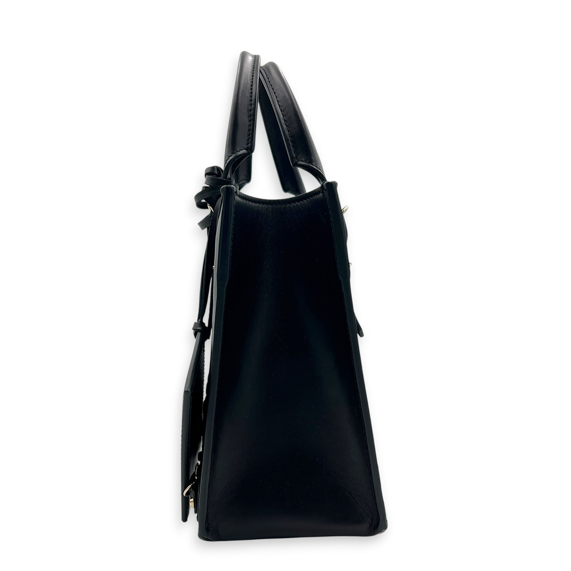 Papier Woven Black Top Handle Bag in Calfskin, Gold hardware