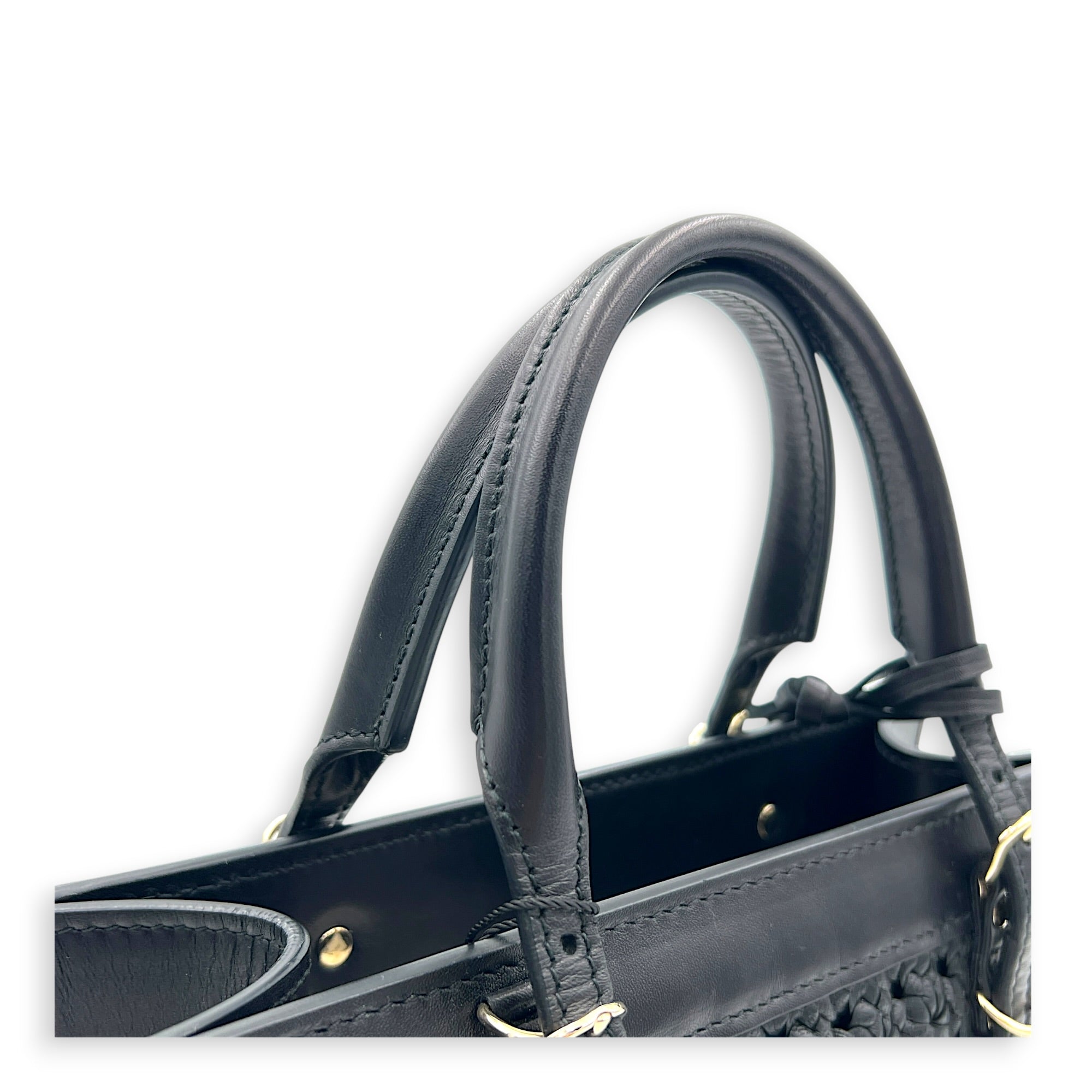 Papier Woven Black Top Handle Bag in Calfskin, Gold hardware