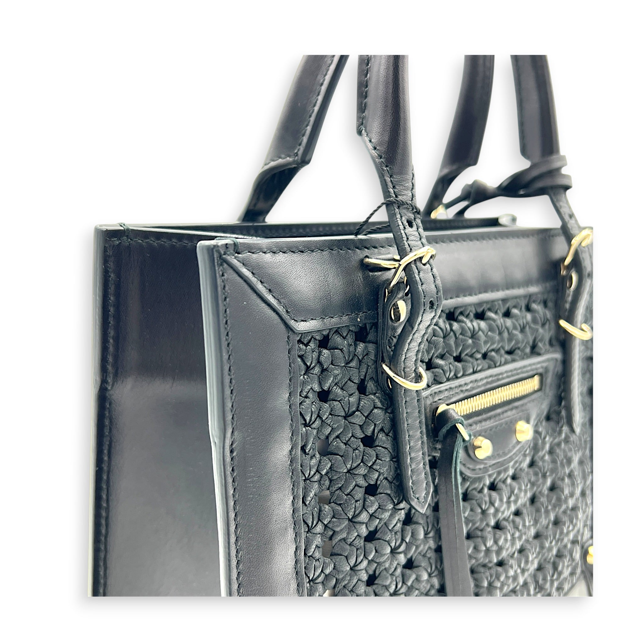 Papier Woven Black Top Handle Bag in Calfskin, Gold hardware