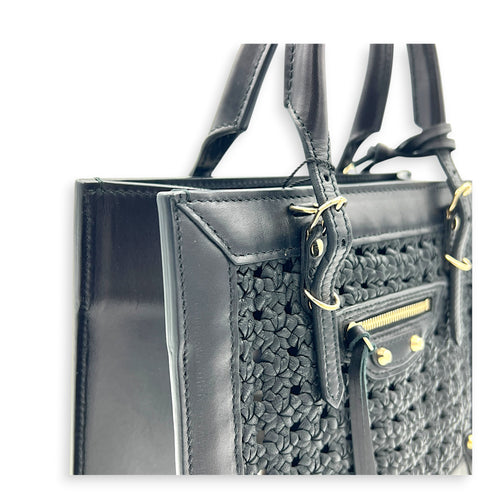 Papier Woven Black Top Handle Bag in Calfskin, Gold hardware