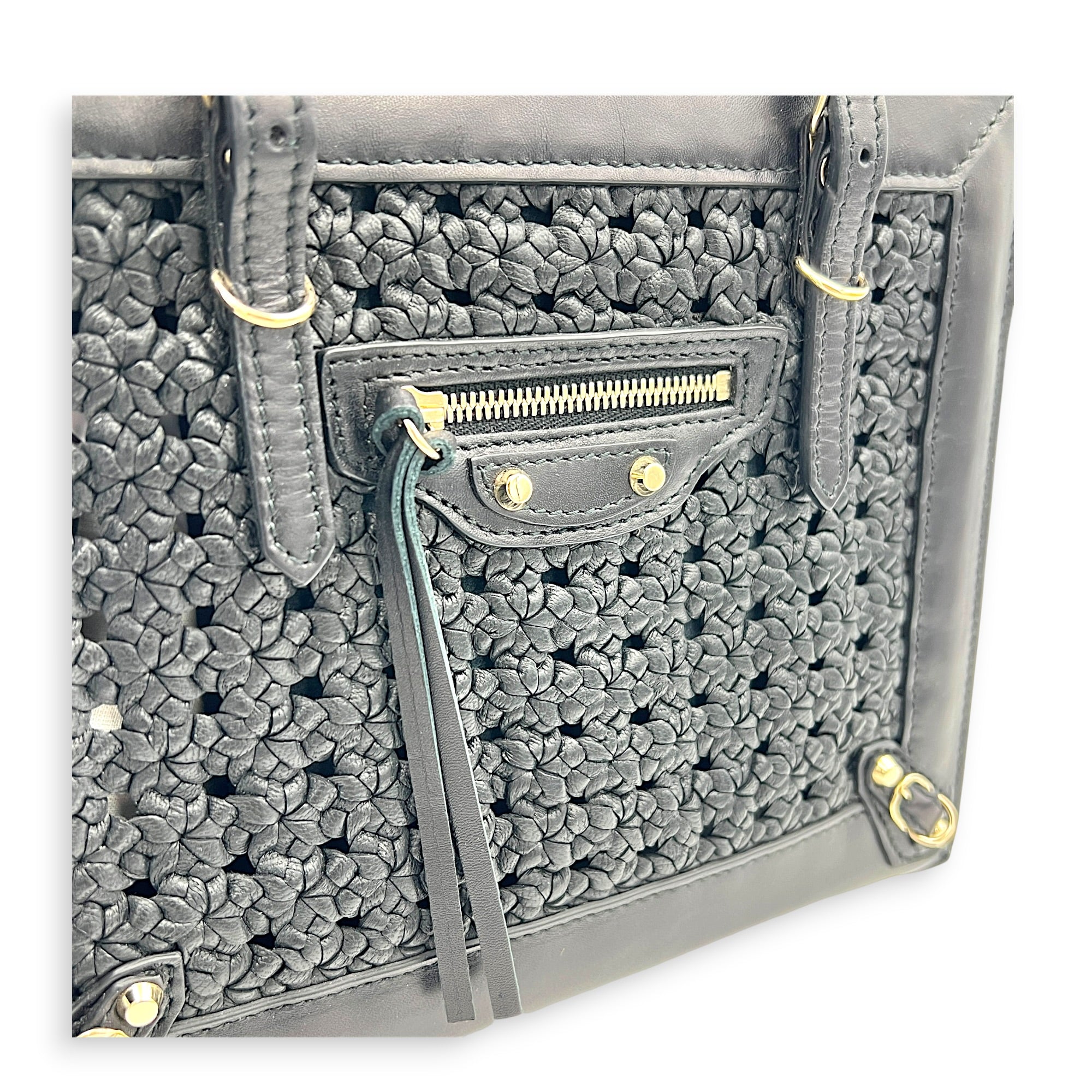 Papier Woven Black Top Handle Bag in Calfskin, Gold hardware