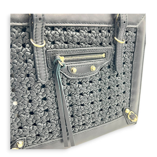 Papier Woven Black Top Handle Bag in Calfskin, Gold hardware