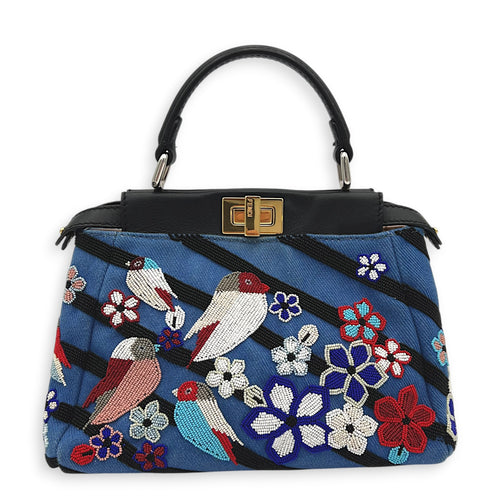 Peekaboo Top Handle Bag Small Blue in Fabric, Gold hardware