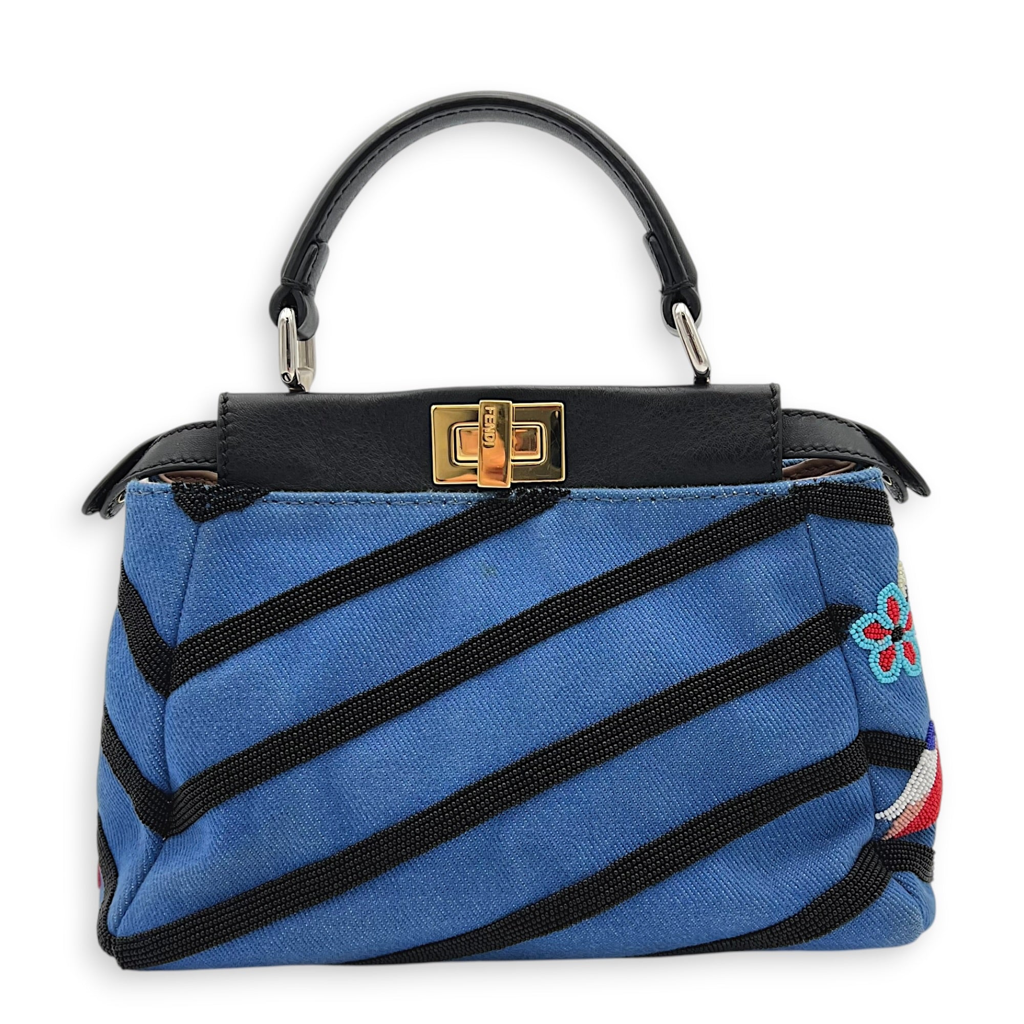 Peekaboo Top Handle Bag Small Blue in Fabric, Gold hardware