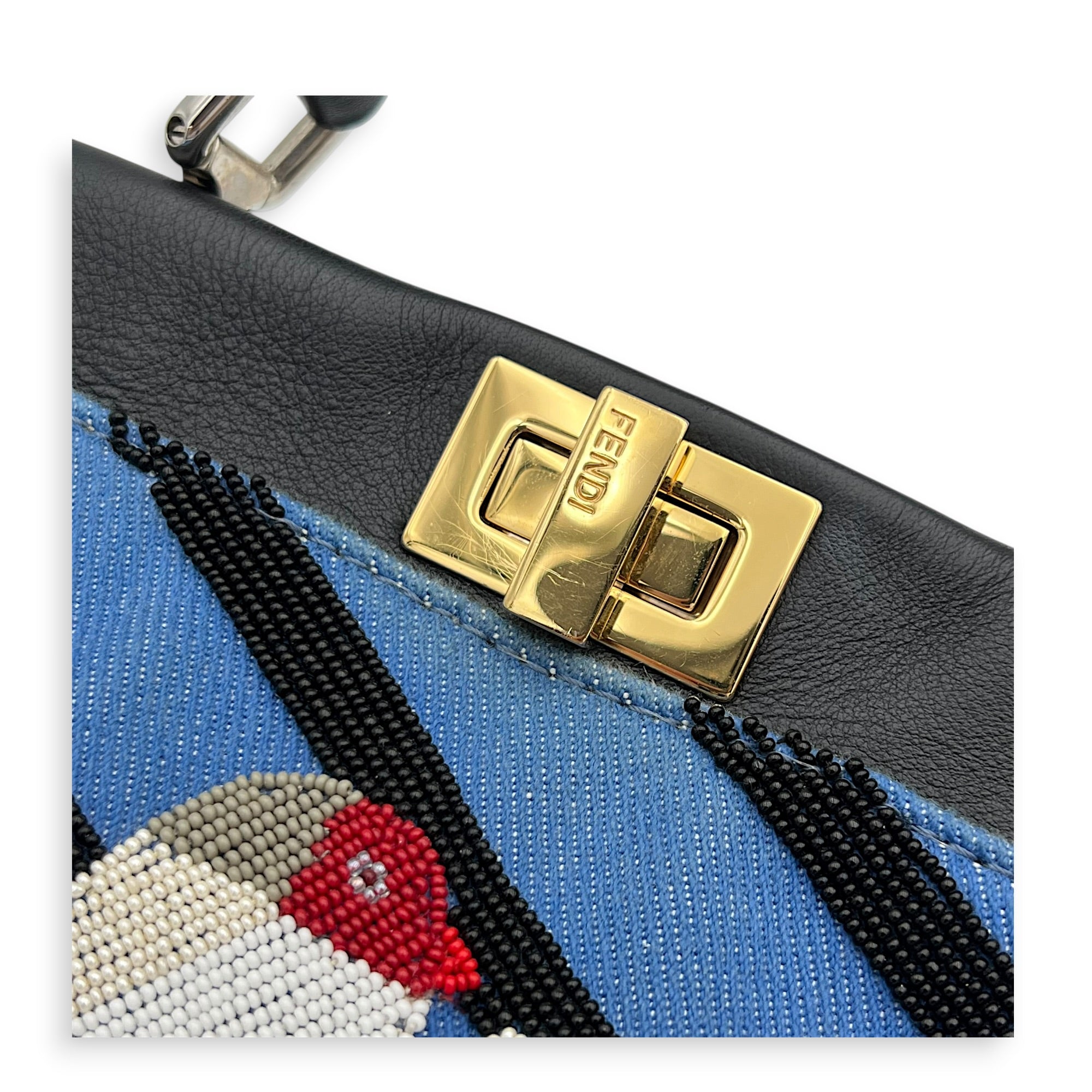 Peekaboo Top Handle Bag Small Blue in Fabric, Gold hardware