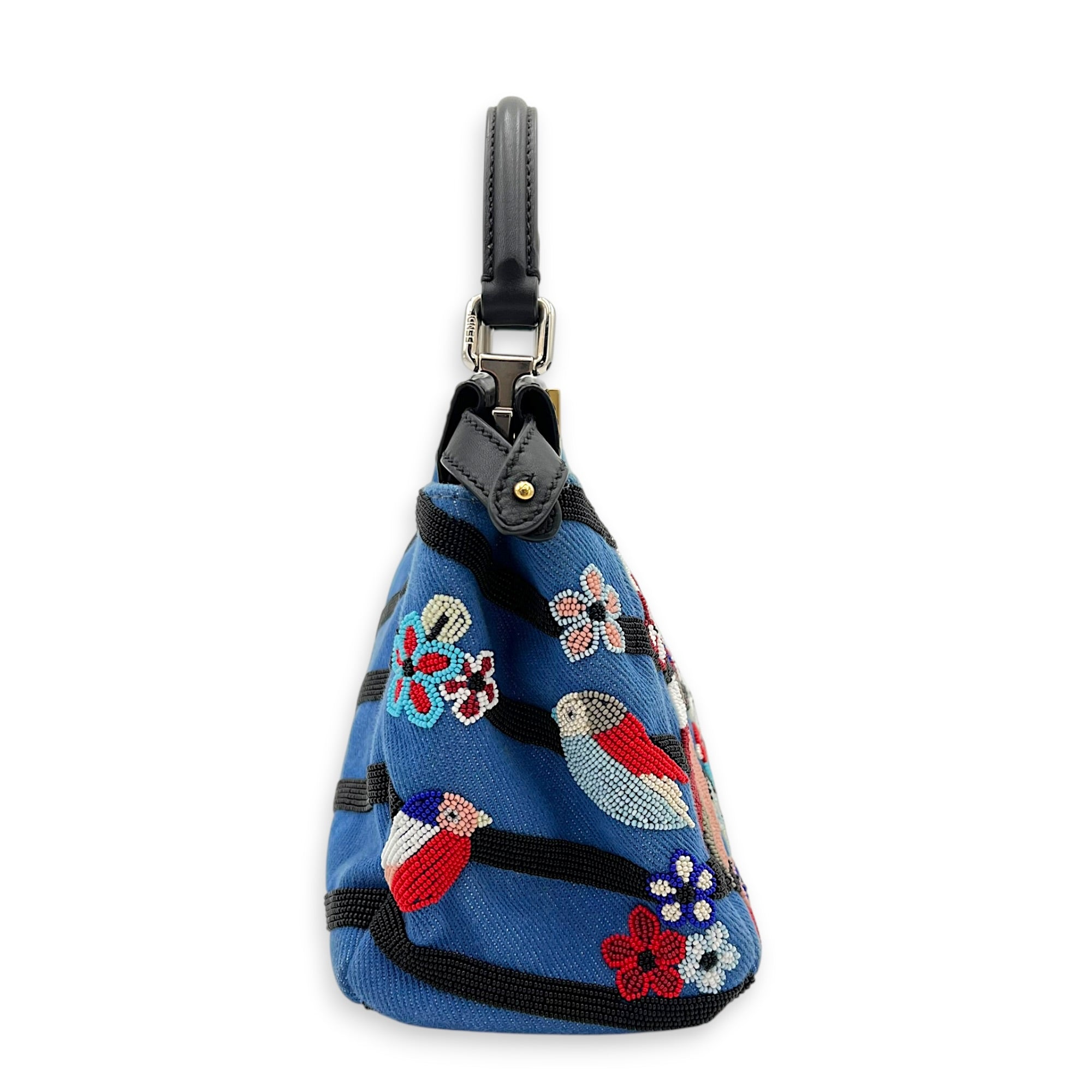 Peekaboo Top Handle Bag Small Blue in Fabric, Gold hardware