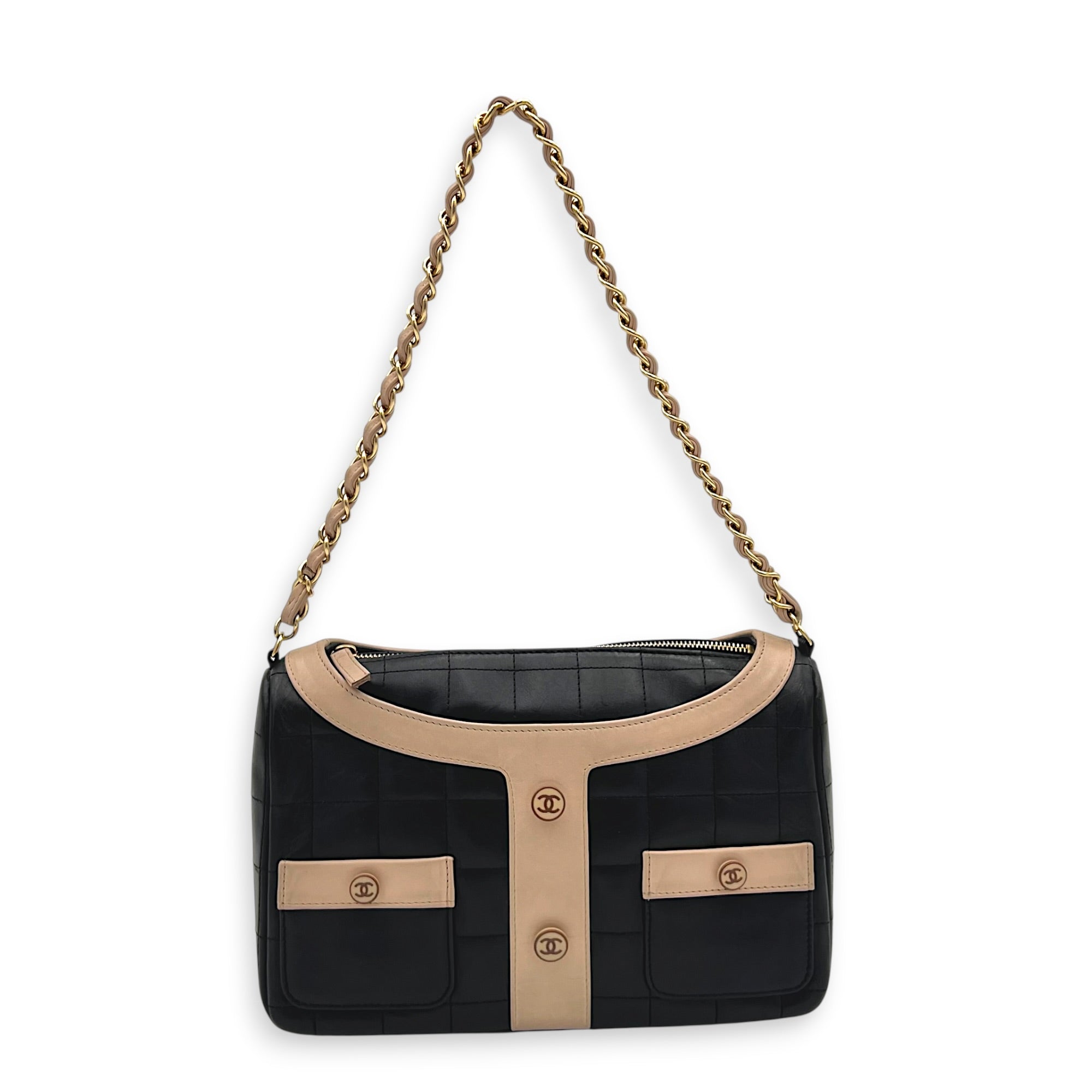 Mademoiselle Jacket Black Shoulder Bag in Calfskin, Gold hardware