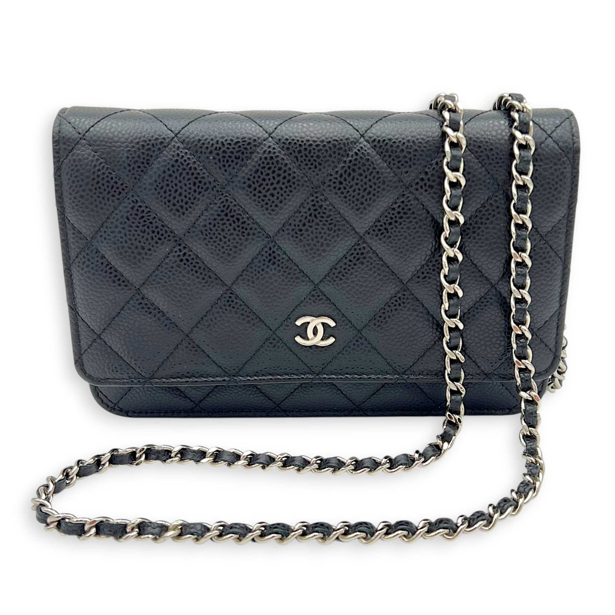 CC Black Wallet On Chain in Caviar Leather, Silver hardware
