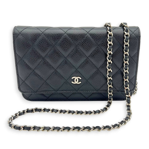 CC Black Wallet On Chain in Caviar Leather, Silver hardware