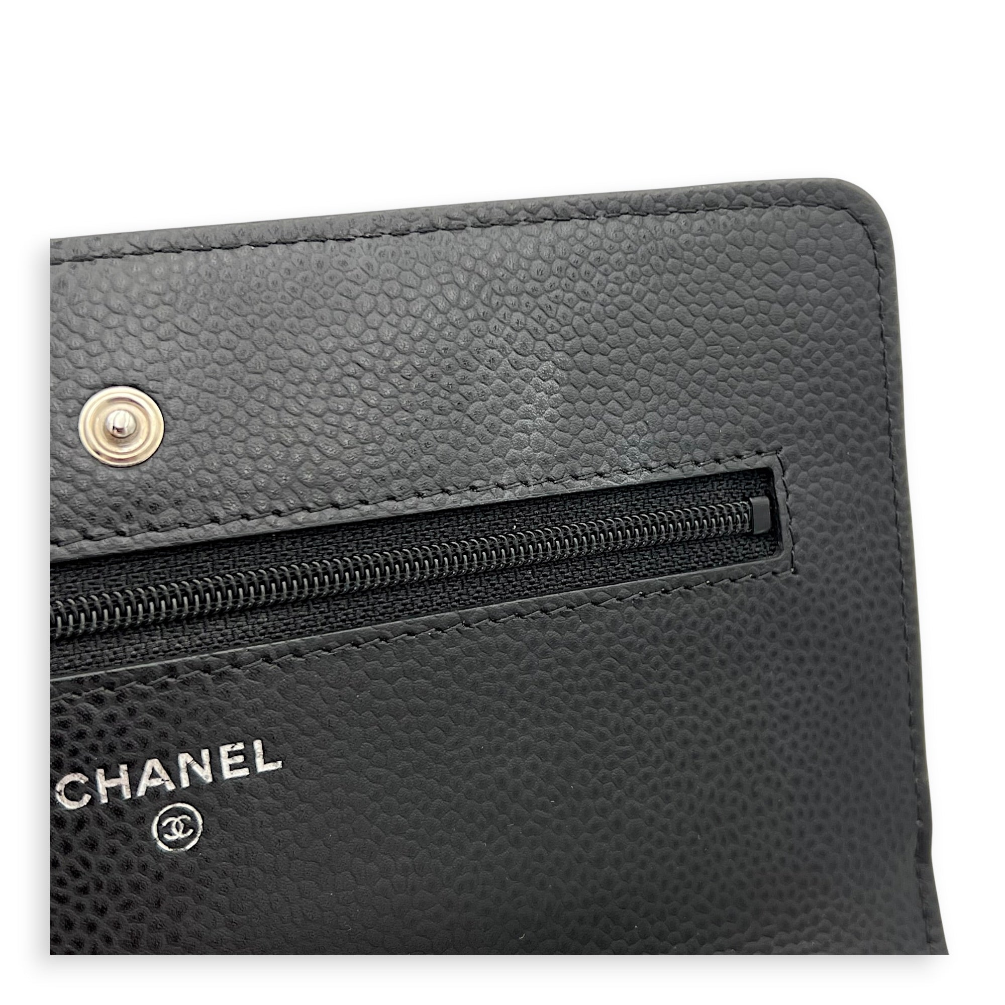 CC Black Wallet On Chain in Caviar Leather, Silver hardware
