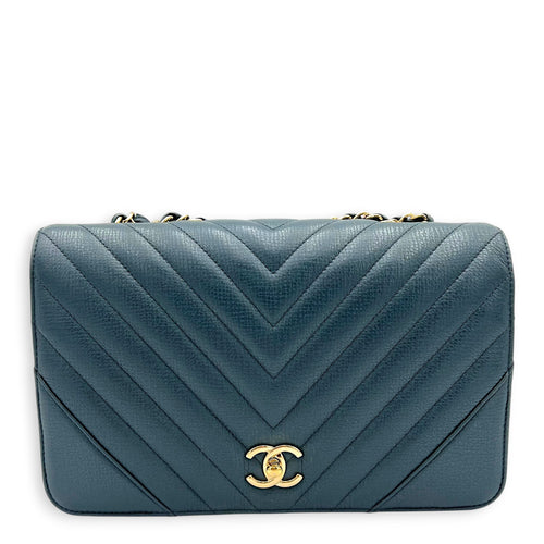 Chevron Statement Flap Shoulder Bag Metallic Blue in Caviar Leather, Gold hardware