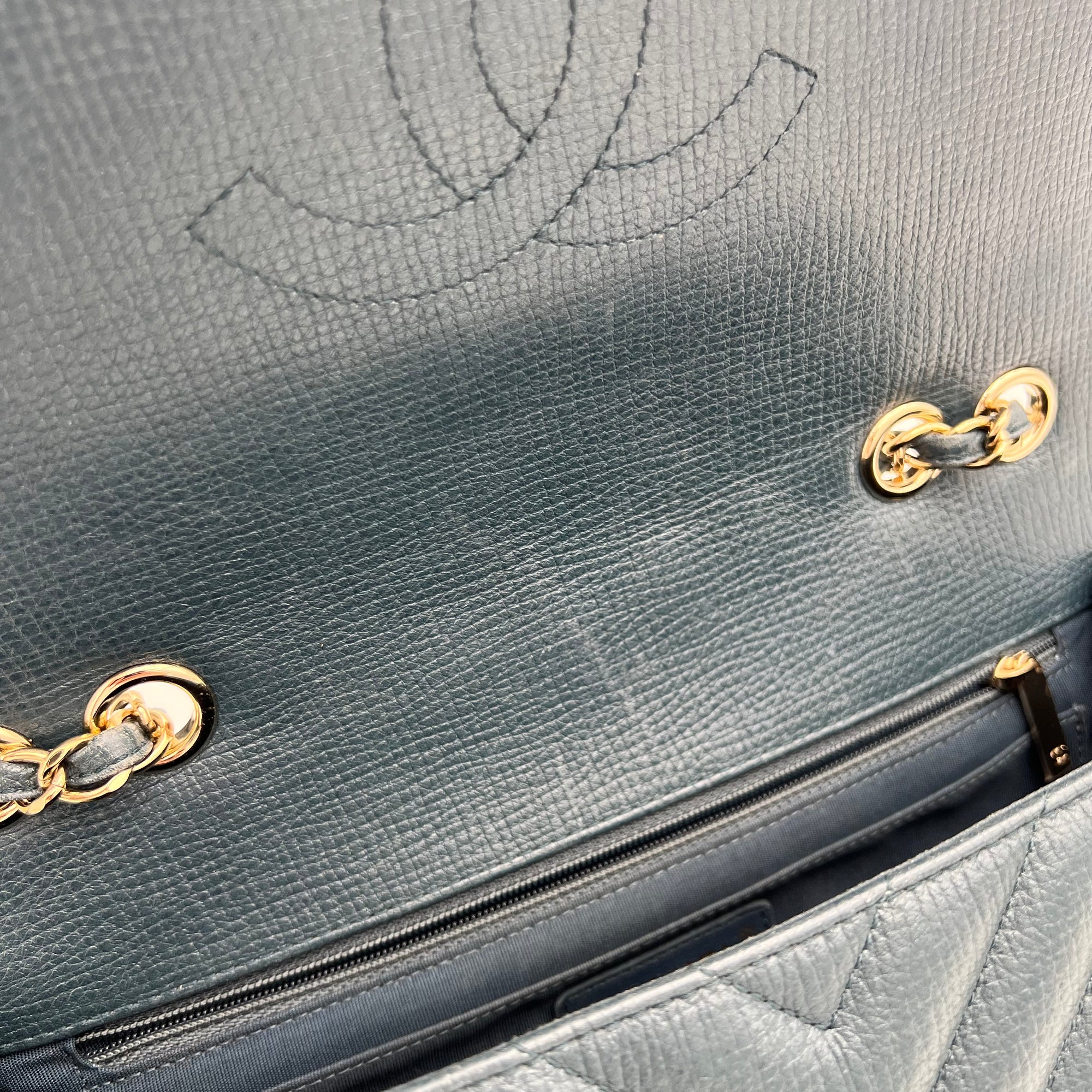 Chevron Statement Flap Shoulder Bag Metallic Blue in Caviar Leather, Gold hardware