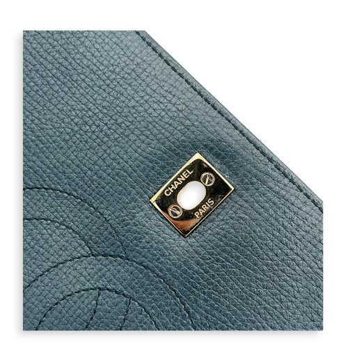 Chevron Statement Flap Shoulder Bag Metallic Blue in Caviar Leather, Gold hardware