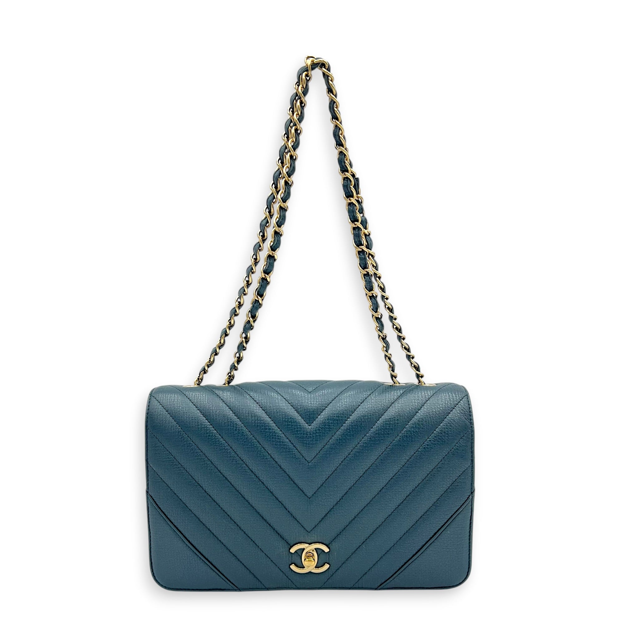 Chevron Statement Flap Shoulder Bag Metallic Blue in Caviar Leather, Gold hardware