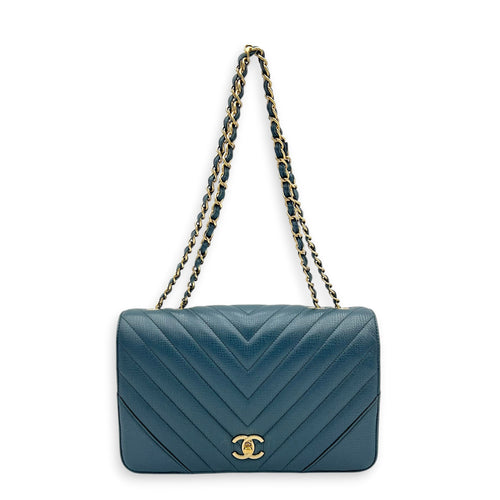 Chevron Statement Flap Shoulder Bag Metallic Blue in Caviar Leather, Gold hardware