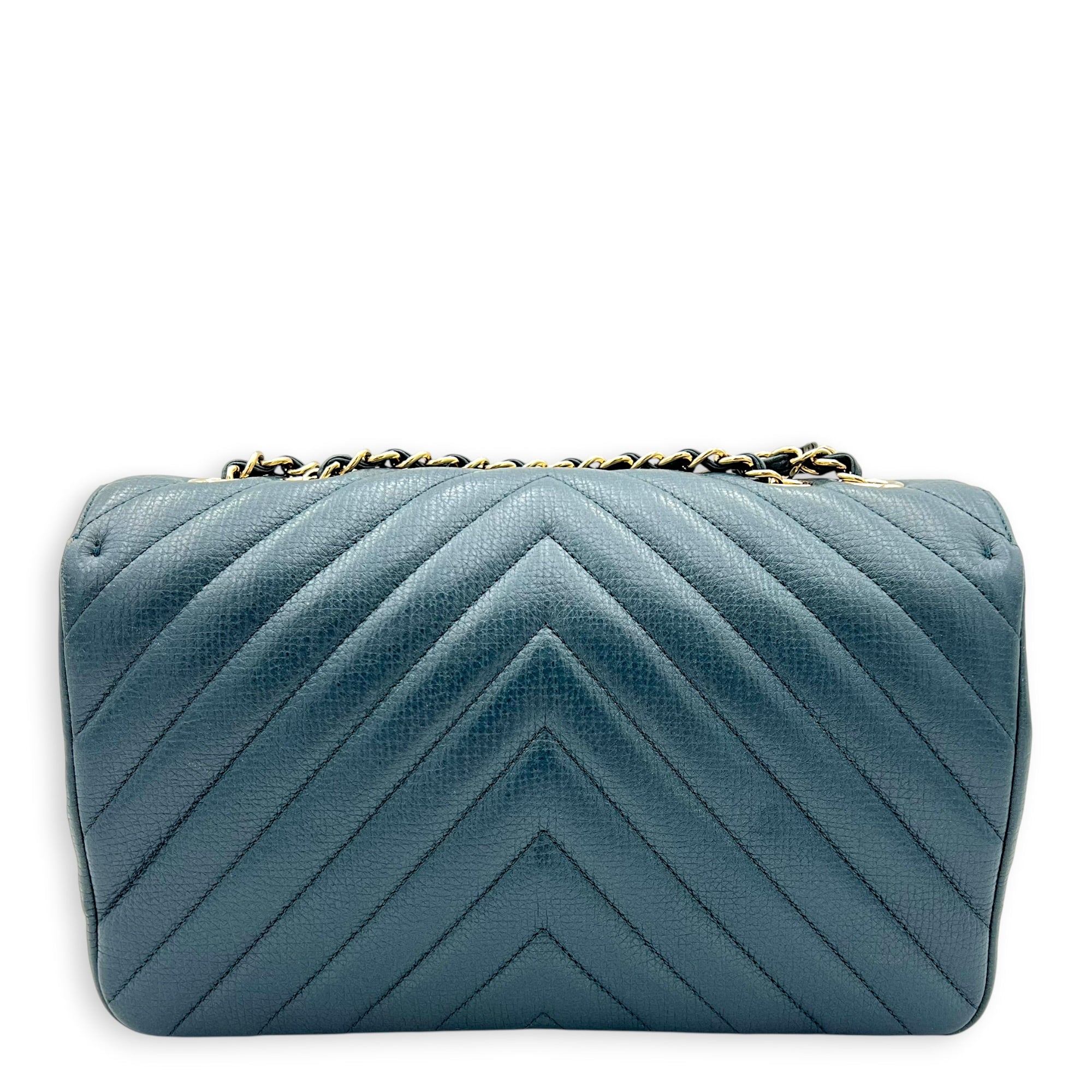 Chevron Statement Flap Shoulder Bag Metallic Blue in Caviar Leather, Gold hardware