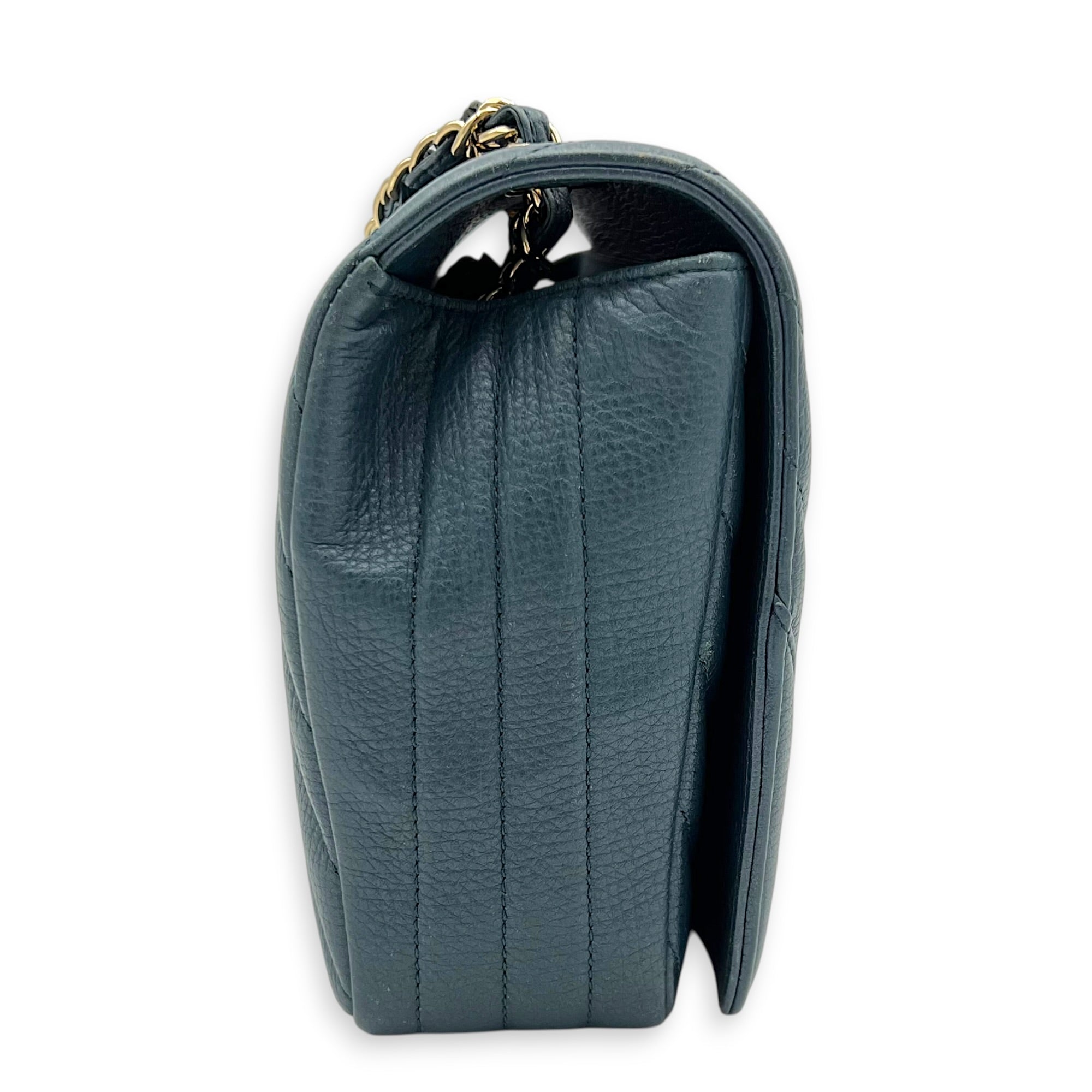Chevron Statement Flap Shoulder Bag Metallic Blue in Caviar Leather, Gold hardware