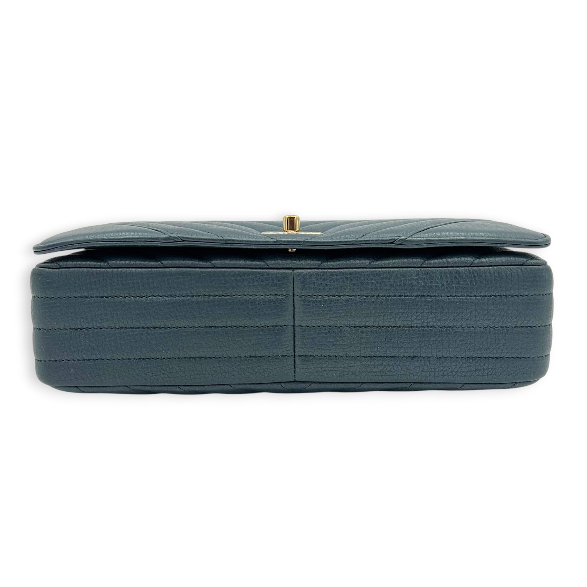 Chevron Statement Flap Shoulder Bag Metallic Blue in Caviar Leather, Gold hardware