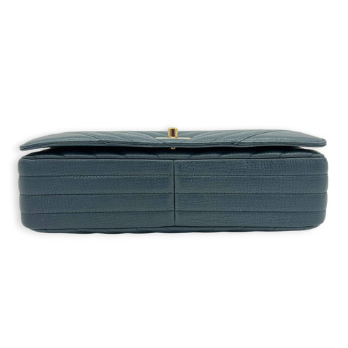 Chevron Statement Flap Shoulder Bag Metallic Blue in Caviar Leather, Gold hardware