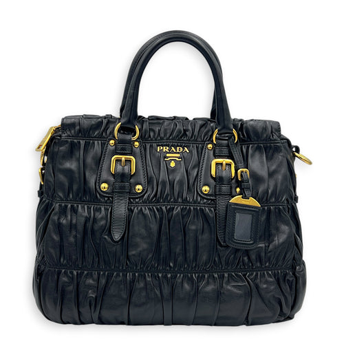 Gaufre Top Handle Bag Nero in Nappa Leather, Gold hardware