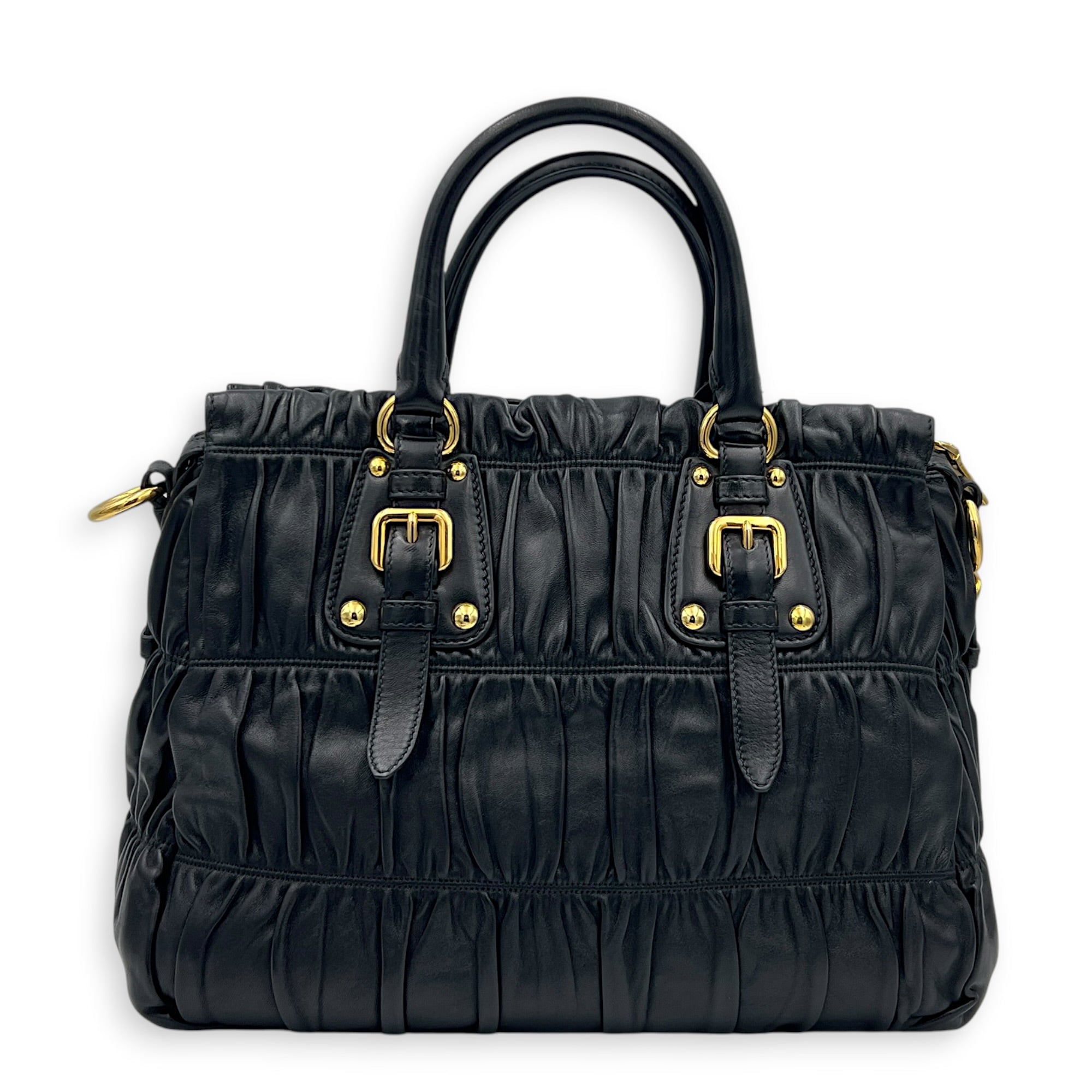 Gaufre Top Handle Bag Nero in Nappa Leather, Gold hardware