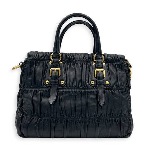 Gaufre Top Handle Bag Nero in Nappa Leather, Gold hardware