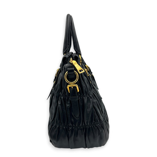 Gaufre Top Handle Bag Nero in Nappa Leather, Gold hardware