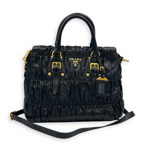 Gaufre Top Handle Bag Nero in Nappa Leather, Gold hardware