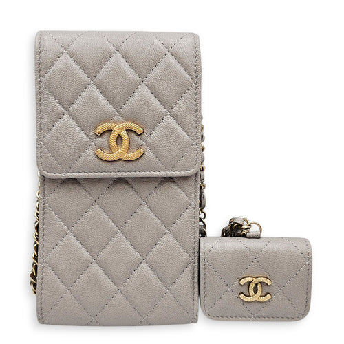 Quilted Caviar Phone Grey Crossbody Bag in Caviar Leather Gold hardware