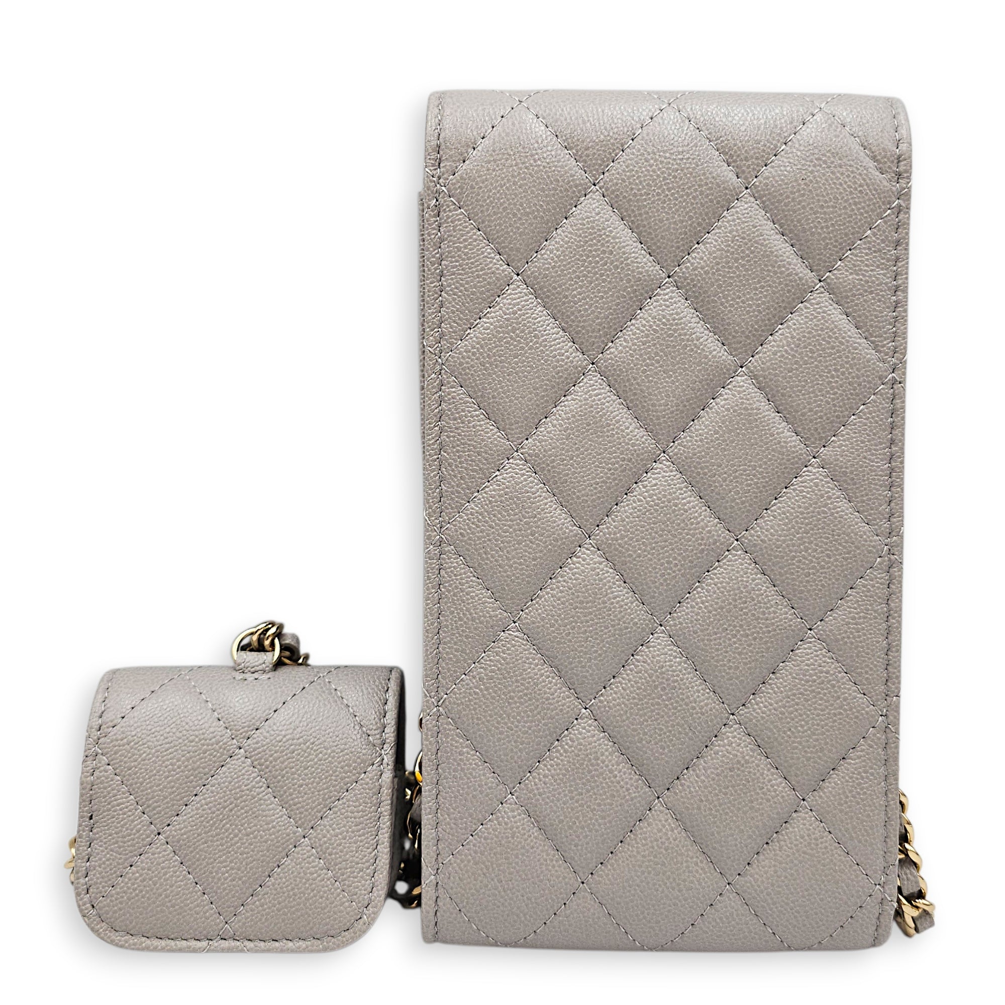 Quilted Caviar Phone Grey Crossbody Bag in Caviar Leather Gold hardware