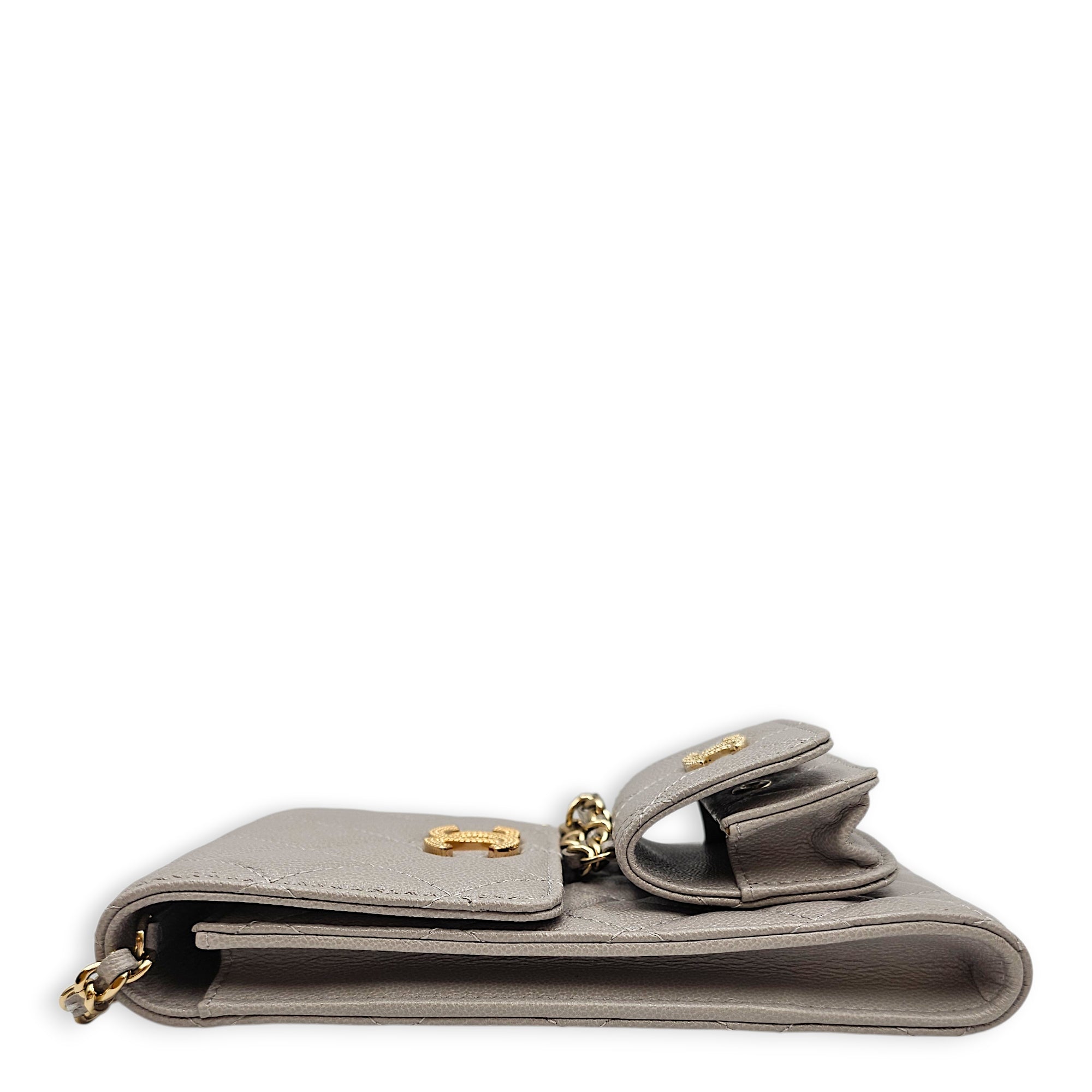Quilted Caviar Phone Grey Crossbody Bag in Caviar Leather Gold hardware