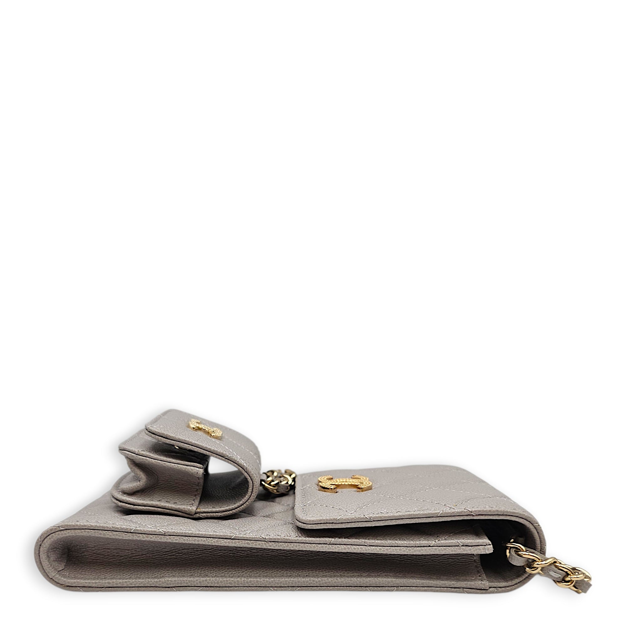 Quilted Caviar Phone Grey Crossbody Bag in Caviar Leather Gold hardware