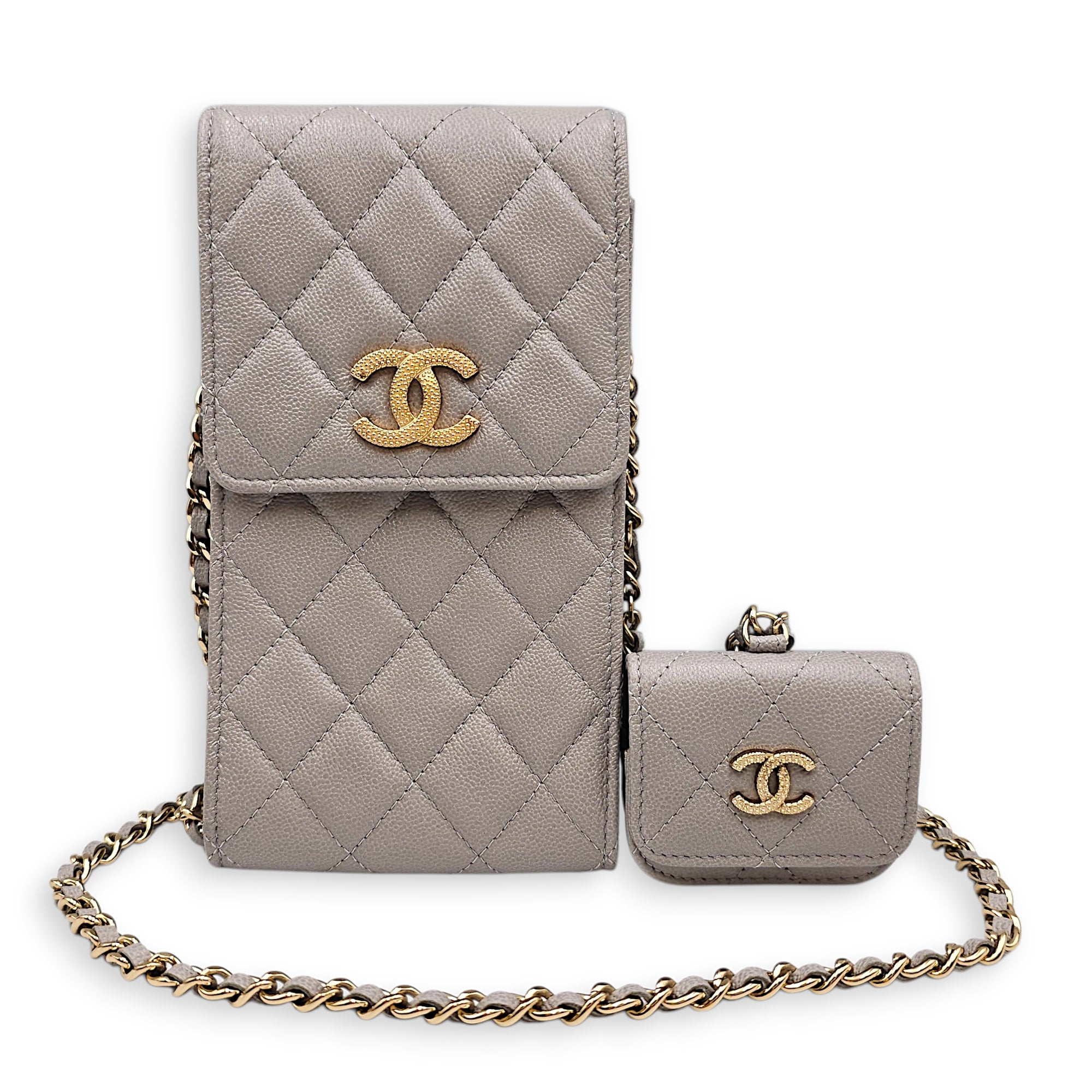 Quilted Caviar Phone Grey Crossbody Bag in Caviar Leather Gold hardware