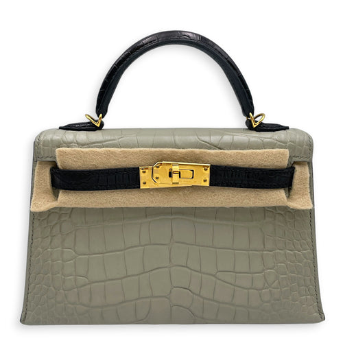 HSS Sellier Kelly 20 Gris Perle/Noir in Matte Alligator Gold hardware
